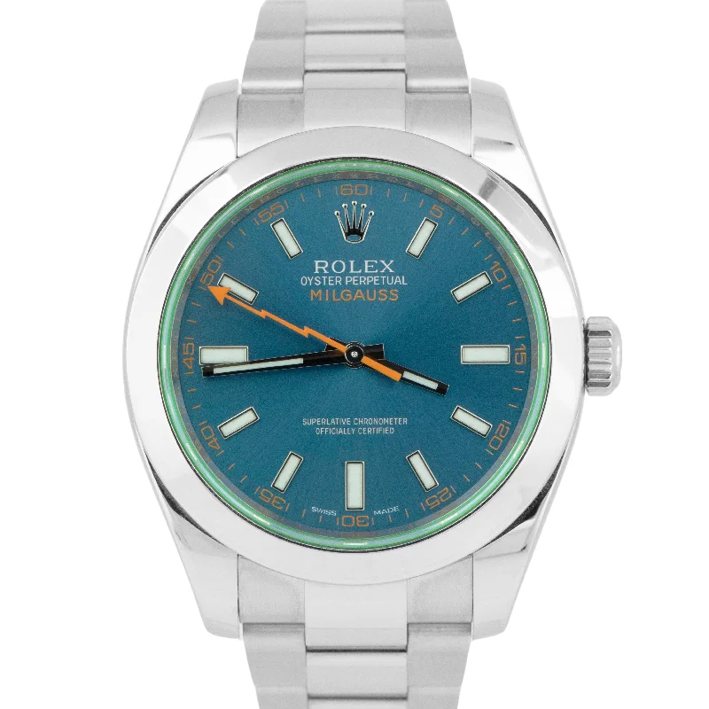 Stylish sport wristwatches-MINT Rolex Milgauss Z-Blue Anniversary Green Stainless Steel Watch 116400 GV