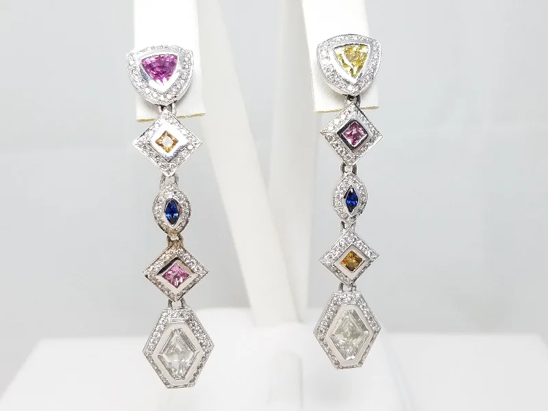 Colored gemstone earrings for women-Spectacular 18k White Gold Natural Sapphire Diamond Custom Dangle Earrings