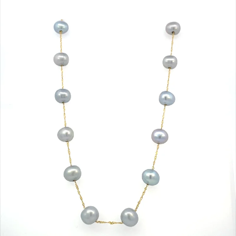 Matching necklace for women-14K Yellow Gold 6.5-7mm Dyed Gray Freshwater Pearl Station Necklace