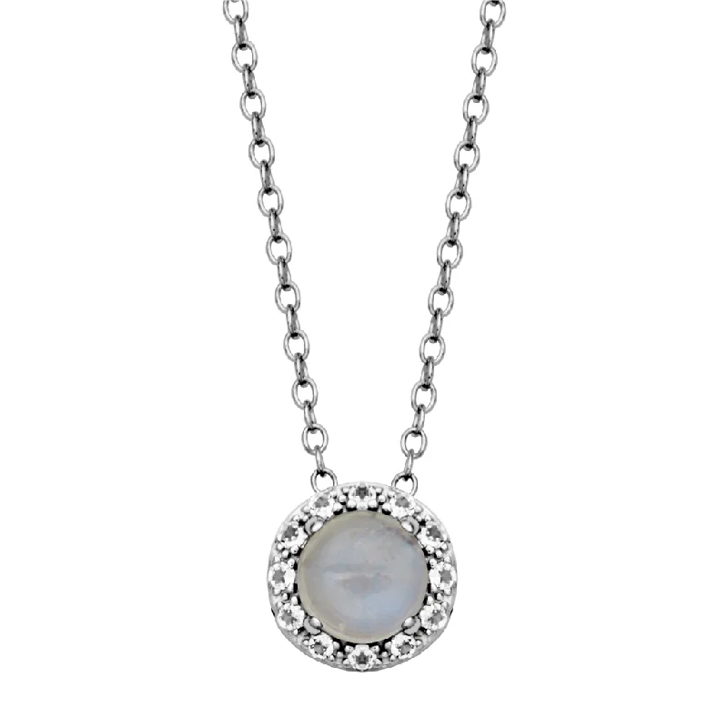 Minimalist necklace for women-Sterling Silver Rainbow Moonstone & White Topaz Halo Necklace by Samuel B.