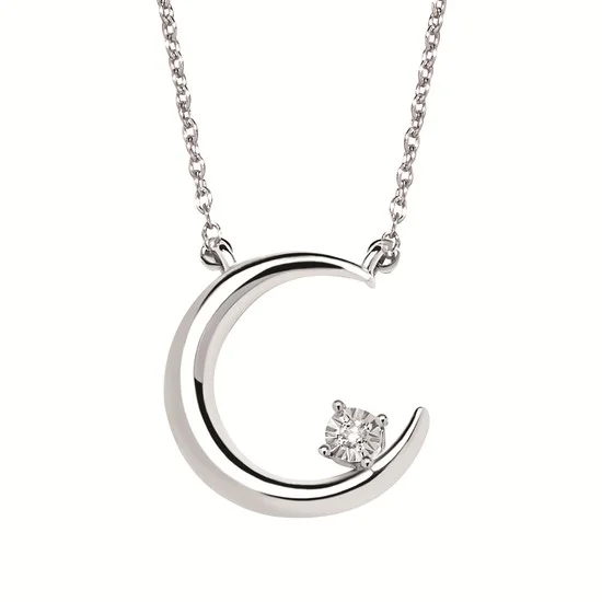 Elegant chain necklace for women-Sterling Silver 0.01ctw Diamond Crescent Moon Necklace