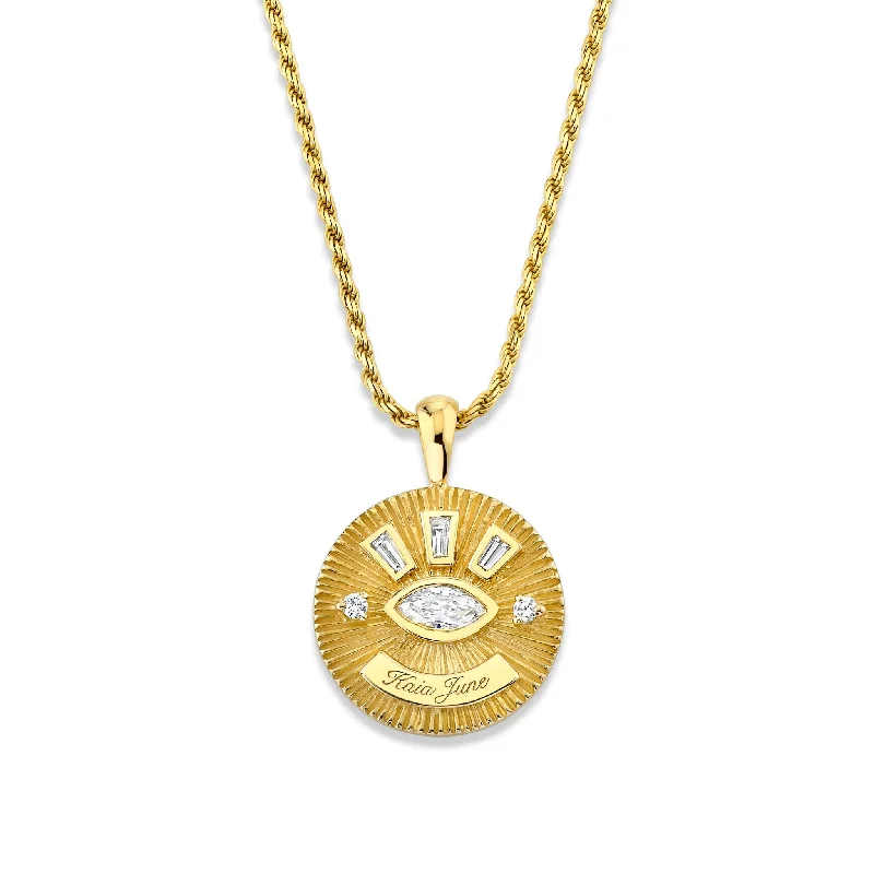 Minimal gold necklace for women-Medium Diamond Angel Eye Coin Necklace w/ Tapered Baguettes