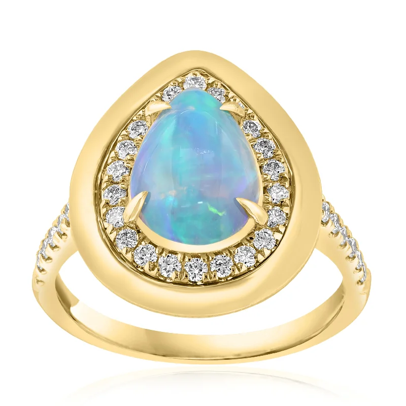 Cushion diamond engagement rings for women-14K Yellow Gold Ethiopian Opal Ring with Diamond Halo