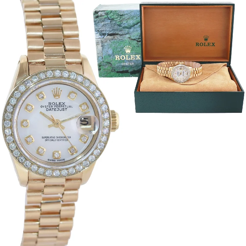 Fitness tracker wristwatches with sleep monitor-Pearl Diamond Ladies Rolex DateJust President 26mm 6917 Yellow Gold Watch Box