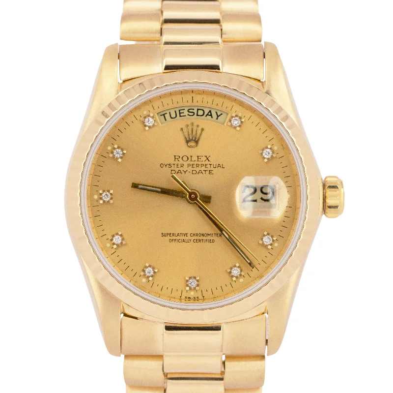 Wristwatches with a rotating bezel-Rolex Day-Date President 36mm DIAMOND Fluted Solid 18K Yellow Gold Watch 18038