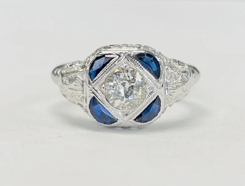 Wedding proposal engagement rings for women-Vintage Art Deco Diamond And Sapphire Ring