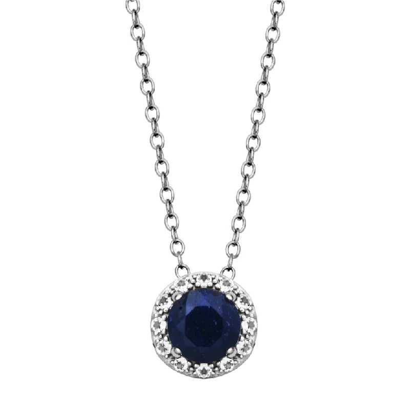 Simple necklace for women-Sterling Silver Dyed Blue Sapphire & White Topaz Halo Necklace by Samuel B.