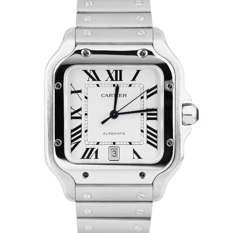 Designer wristwatches-MINT Cartier Santos 39.8mm White Roman Automatic Stainless Steel 4072 WSSA0018