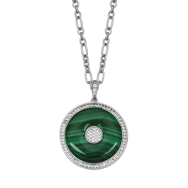 Designer pendant necklace for women-Sterling Silver Malachite & WhiteTopaz Medallion Necklace by Samuel B.