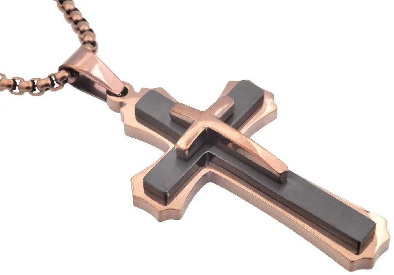 Silver-plated necklace for women-Mens Chocolate And Black Stainless Steel 3D Cross Pendant Necklace With 24" Chain