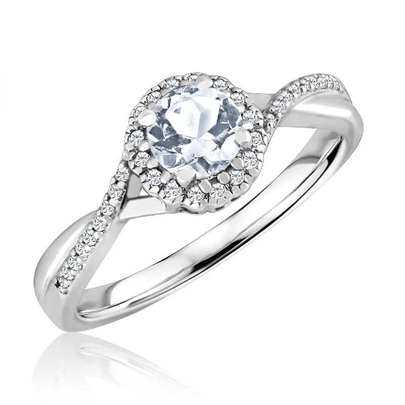 Engagement rings with side stones for women-White Topaz and Diamond Halo April Birthstone Ring in Sterling Silver