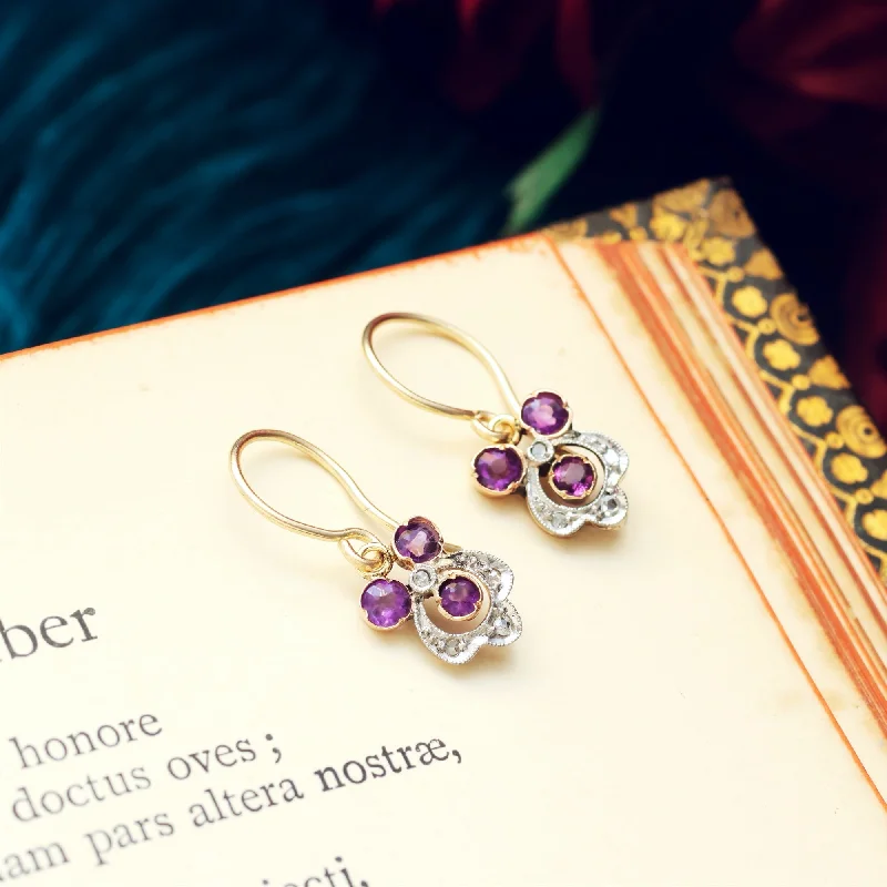 Classic hoop earrings for women-Pretty Antique Amethyst & Diamond Pansy Earrings