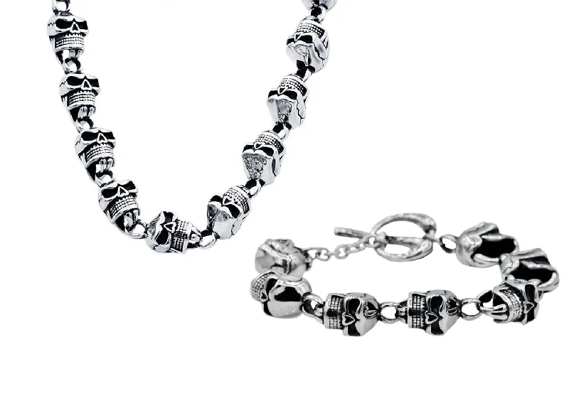 Custom necklace for women-Mens Stainless Steel Skull Chain Set