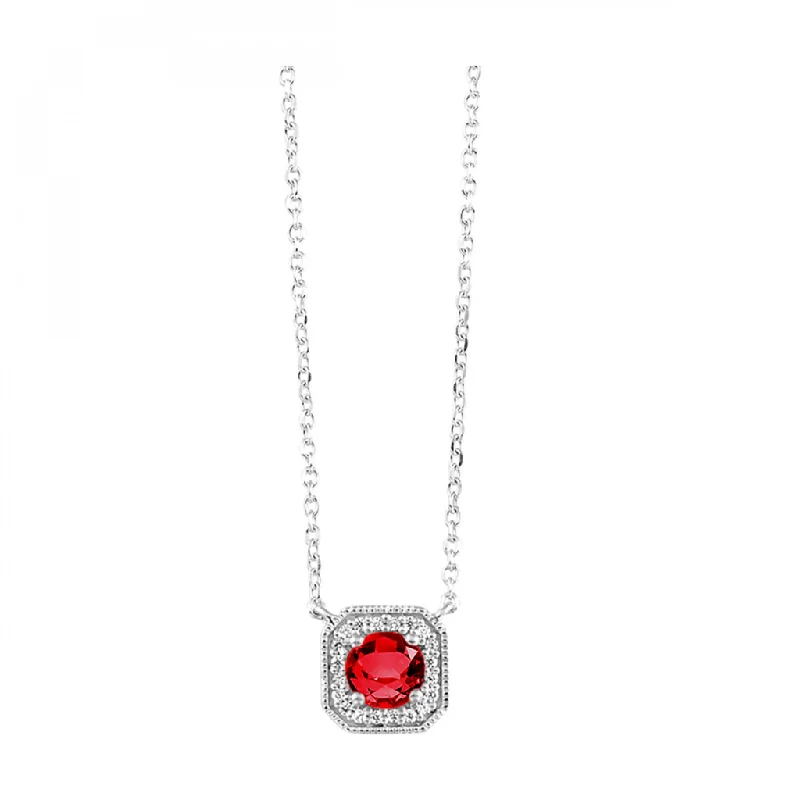 Stylish necklace for women-10K White Gold 0.65ctw Round Garnet & Diamond Halo Vintage Style Necklace