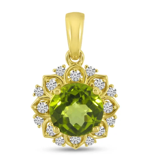 Bar necklace for women-14K Yellow Gold Round Peridot & Diamond Flower Halo Pendant by Brevani