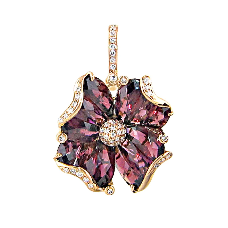 Luxury gemstone necklace for women-14K Yellow Gold 10.19ctw Rhodolite Garnet & Diamond Enhancer Flower Pendant by Bellarri