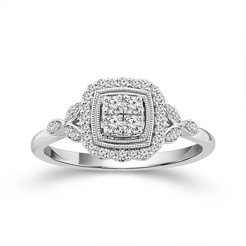 Custom engagement rings for women-1/4 Ctw Multi Stone Diamond Halo Promise Ring With Milgrain Detail in 10k White Gold