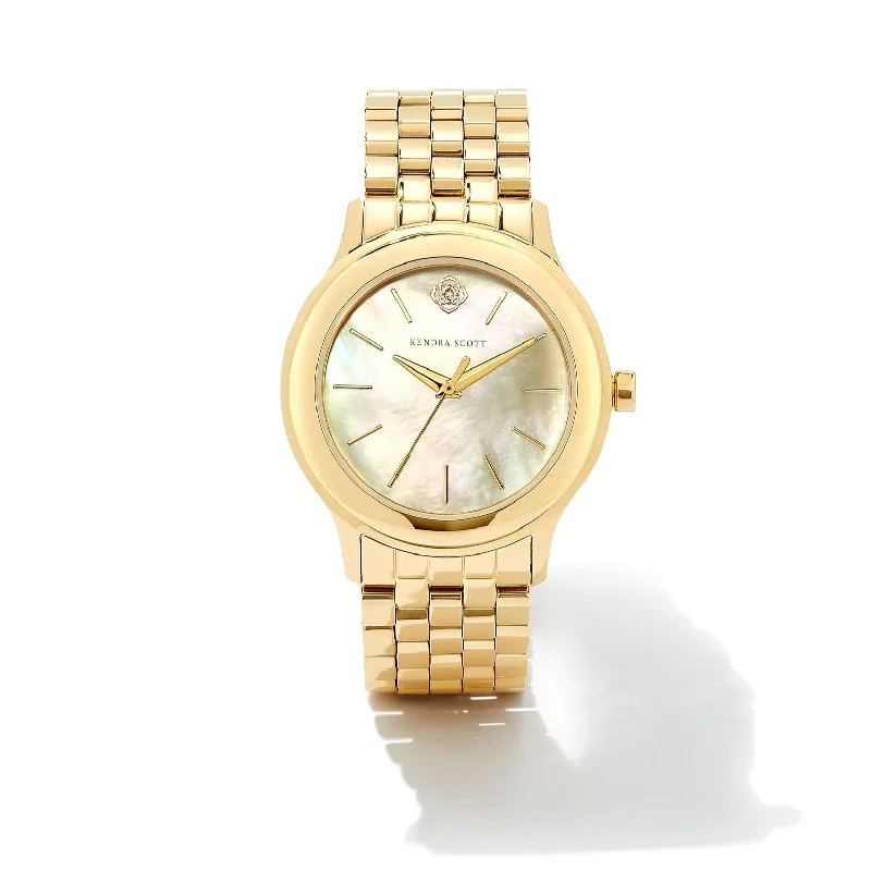 Wristwatches with date function-Kendra Scott | Alex Gold Tone Stainless Steel 35mm Watch in Ivory Mother-of-Pearl