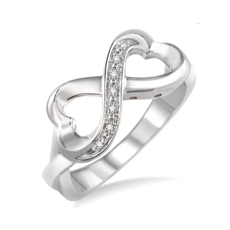 Engagement rings with white diamonds for women-Sterling Silver 1/50 Carat Diamond Heart Infinity Ring