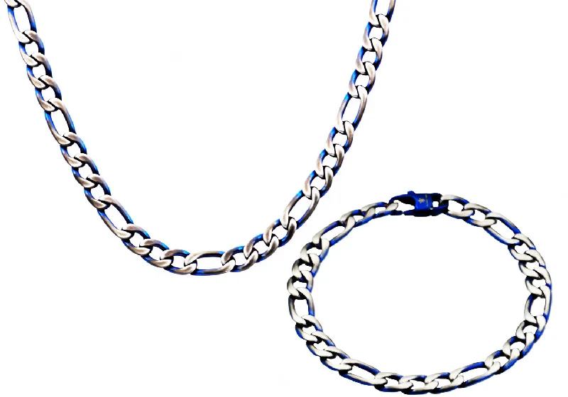 Emerald necklace for women-Mens Stainless Steel And Blue Figaro Link Chain Set