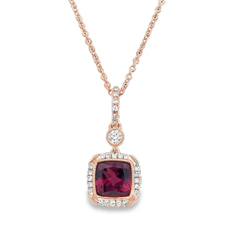 Beaded necklace for women-Rhodolite Garnet and Diamond Pendant in Rose Gold