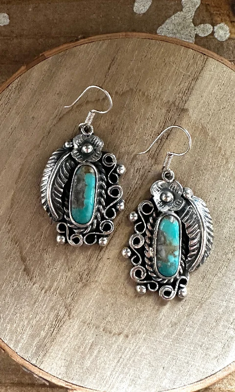 Geometric earrings for women-SILVER DESIGNS Navajo Sterling Silver and Turquoise Dangle Earrings