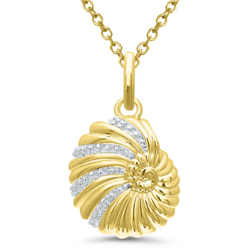 Birthday gift necklace for women-14K Yellow Gold 0.10ctw Round Diamond Seashell Necklace