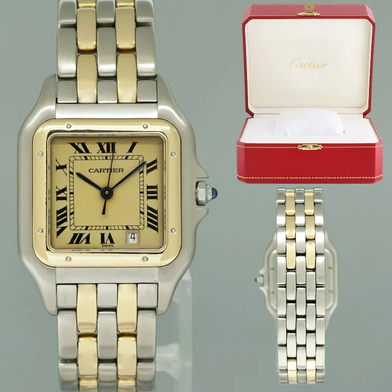 Digital wristwatches with pedometer-Ladies Cartier Panthere Two Row Two Tone 18k Yellow Gold Steel Quartz 27mm Watch Box