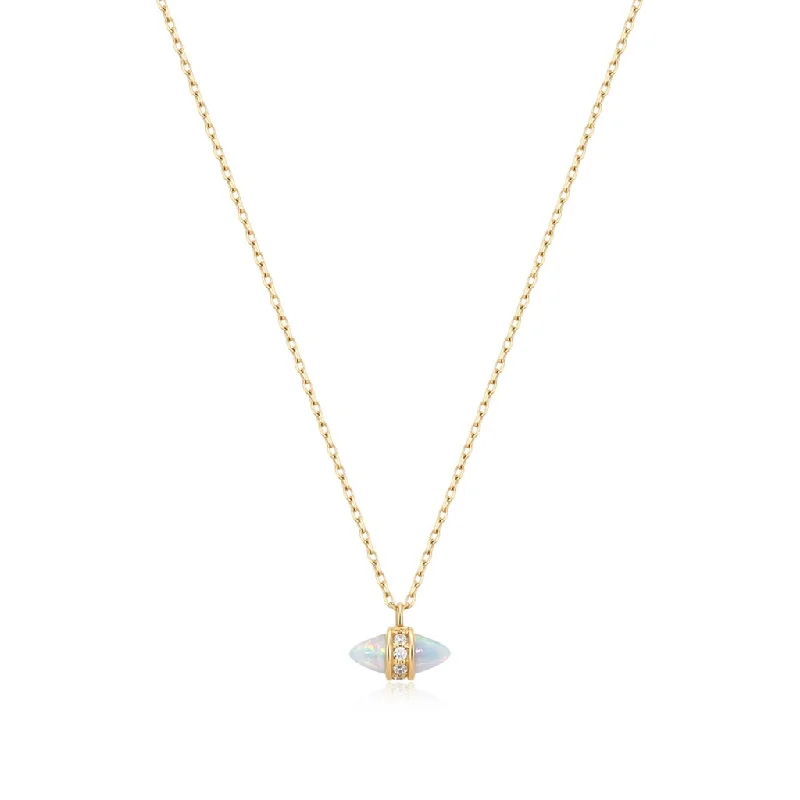 Luxury pearl necklace for women-14K Yellow Gold Opal & Lab Diamond Drop Necklace by Aurelie Gi