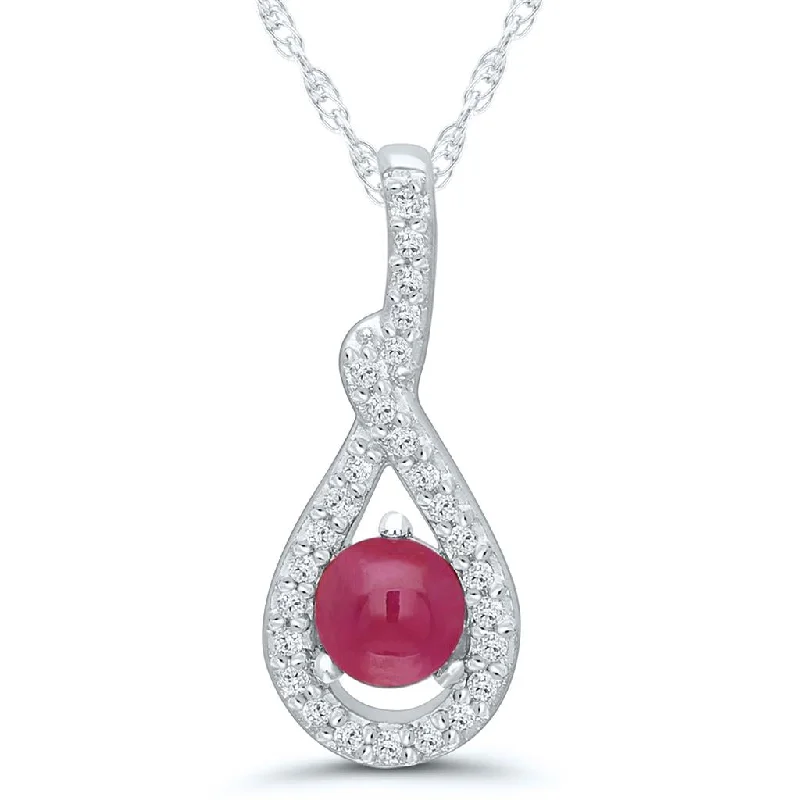 Adjustable gemstone necklace for women-14K White Gold 0.50ctw Cabochon Ruby & Diamond Twist Halo Necklace