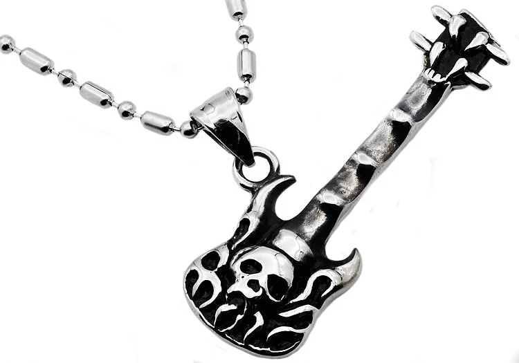 Delicate necklace for women-Mens Stainless Steel Skull Guitar Pendant Necklace With Cubic Zirconia