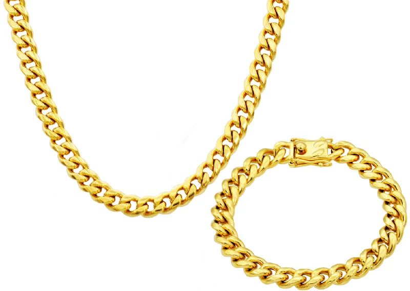 Gold diamond necklace for women-Mens 10mm Gold Stainless Steel Miami Cuban Link Chain With Box Clasp Set