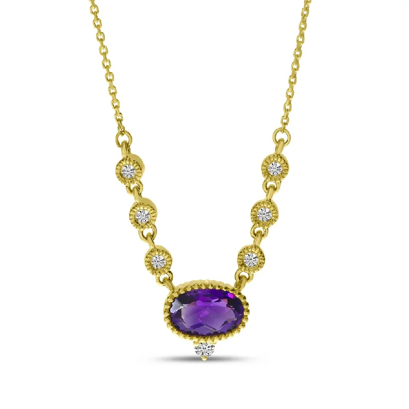 Designer pendant necklace for women-14K Yellow Gold Oval Amethyst & Diamond Necklace