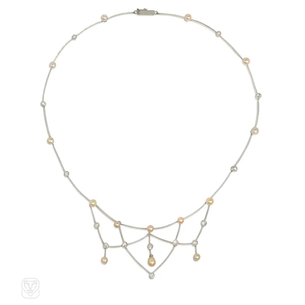 Diamond heart necklace for women-Edwardian pearl and diamond festoon necklace