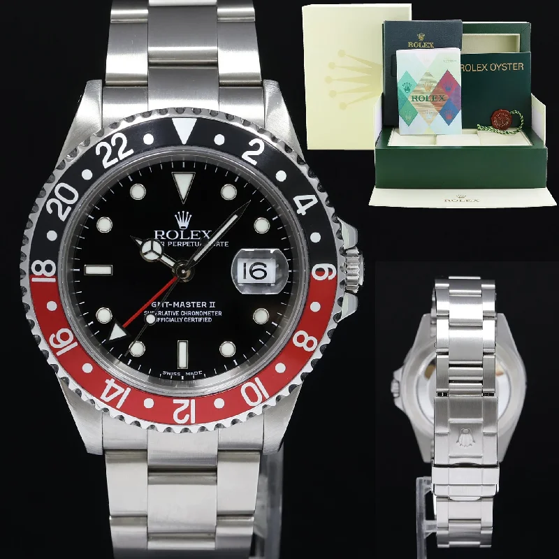 Slim wristwatches-2002 PAPERS MINT Rolex GMT-Master II Coke Red Black Steel 16710 40mm Watch Box