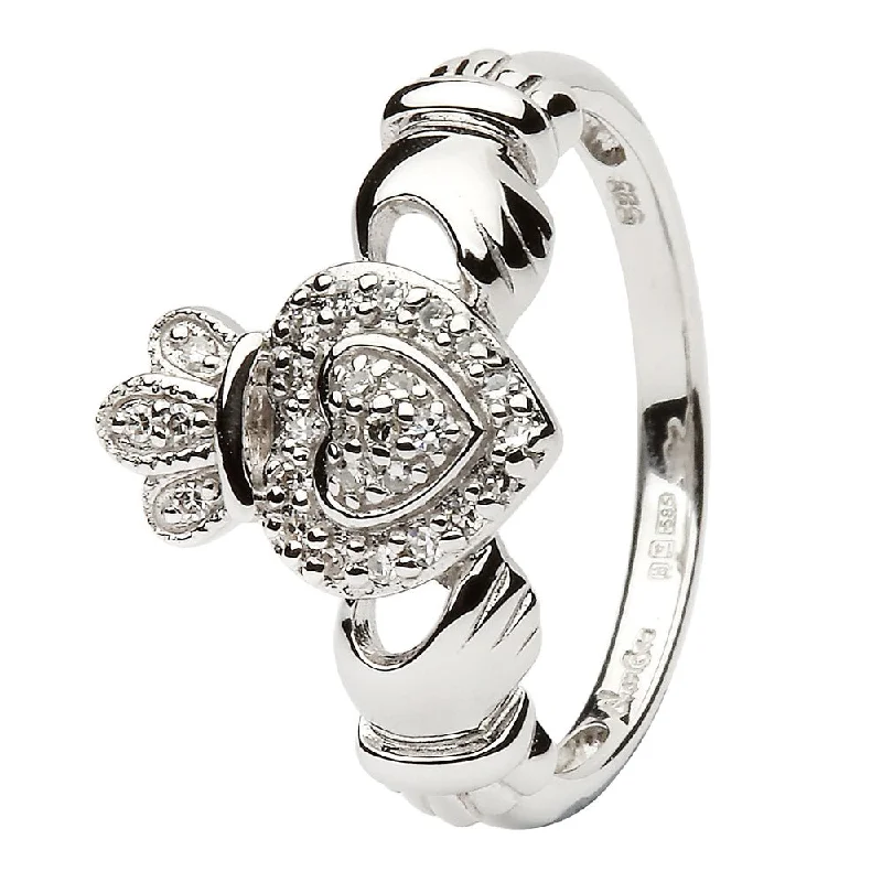 Elegant gold engagement rings for women-Ladies 14K White Gold Claddagh Ring Encrusted With Diamonds - SL-14L83W