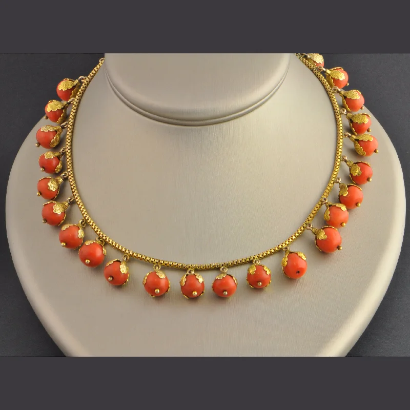 Handmade necklace for women-Antique 16" Foliate Style Coral Bead Necklace in Yellow Gold