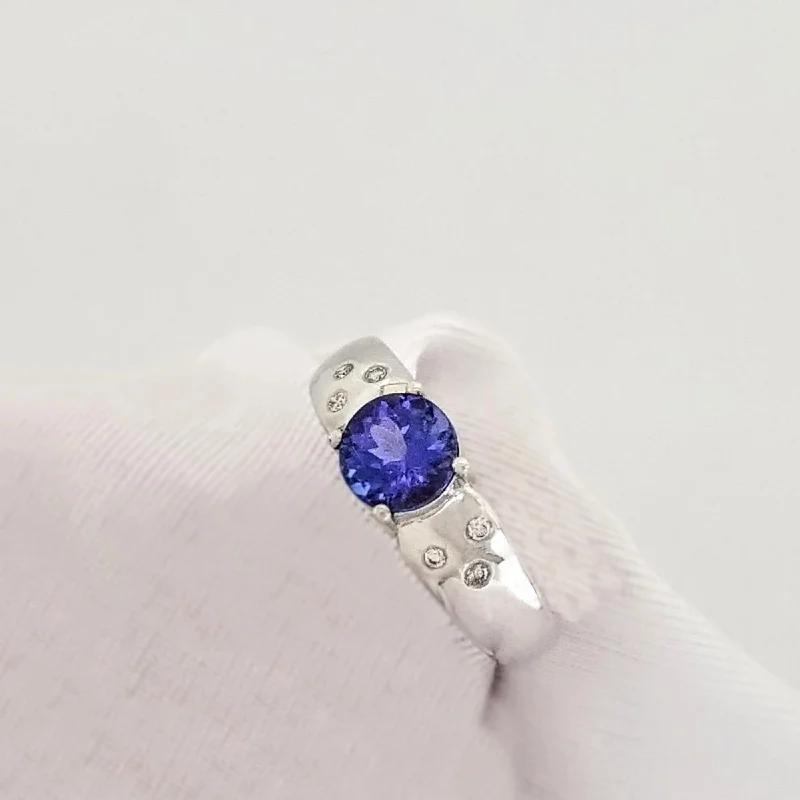 Engagement rings with gemstones for women-White Gold Ring with Diamonds and Round Tanzanite