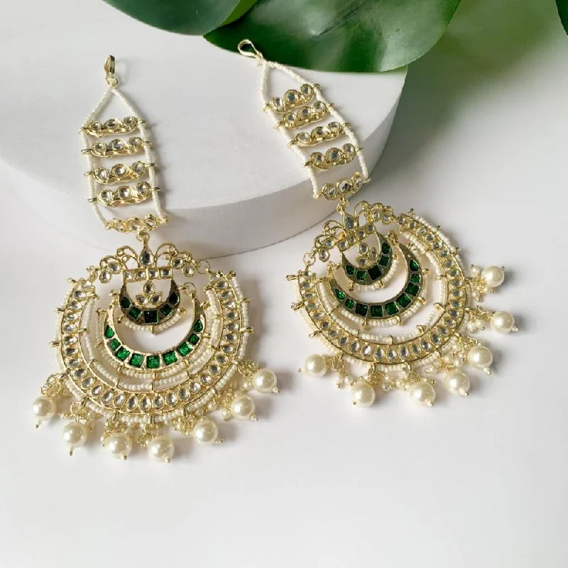 Custom earrings for women-Etnico Gold Plated Traditional Kundan Hanging Pearl Earrings Attachable Ear Chain For Women/Girls (Green)