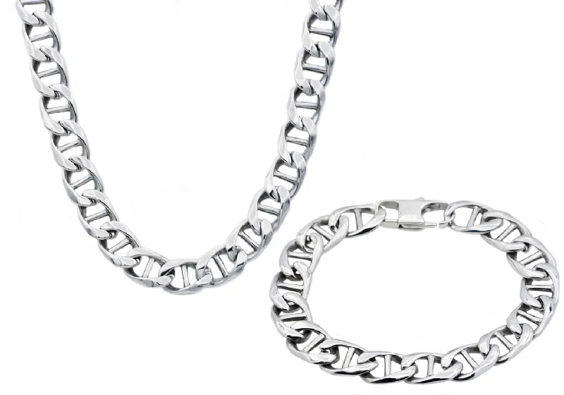 Layered gold necklace for women-Mens Stainless Steel Mariner Link Chain Set