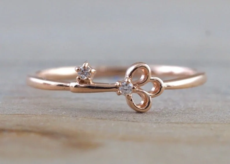 Engagement rings with three stones for women-14k Solid Rose Gold Diamond Key To Your Heart Fashion Ring Band Love