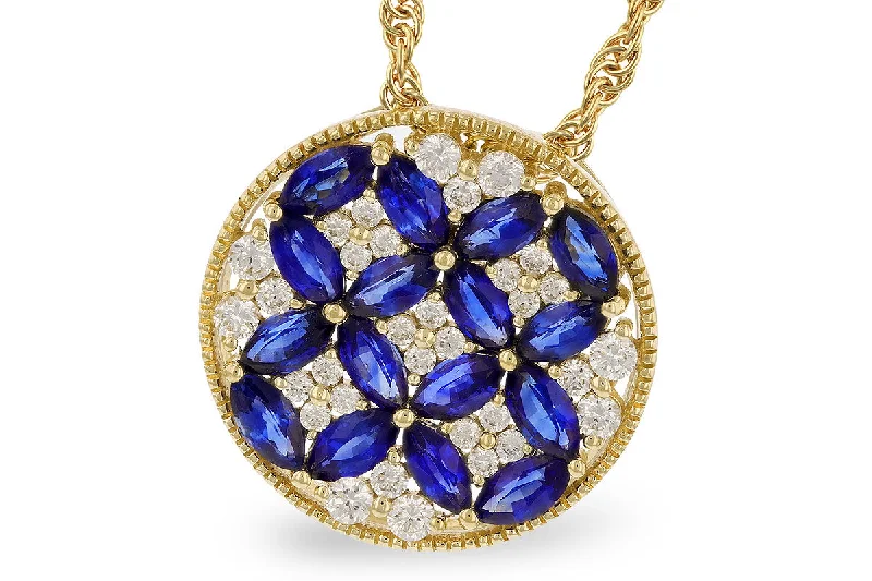 Long statement necklace for women-14K Yellow Gold 1.95ctw Blue Sapphire & Diamond Floral Medallion Necklace by Allison Kaufman