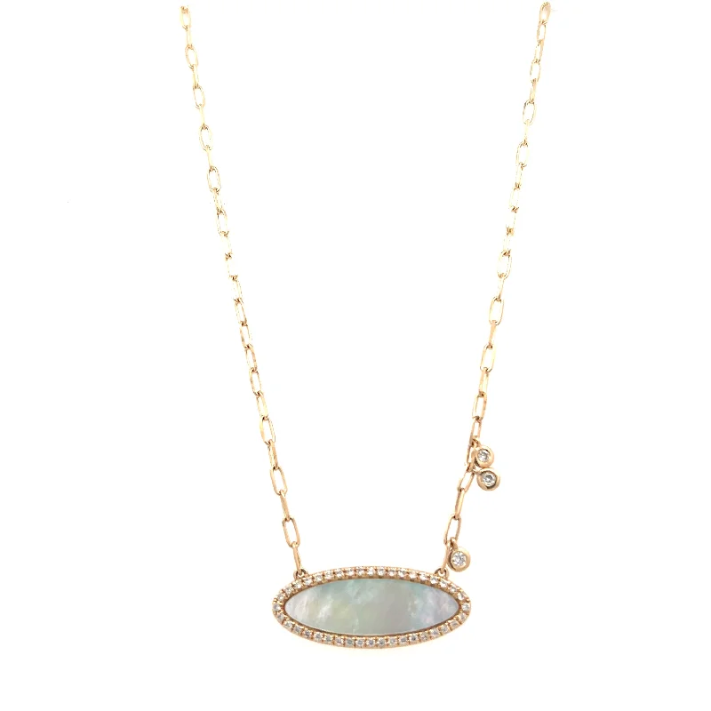 Long necklace for women-14K Yellow Gold Mother of Pearl & Diamond Halo Necklace