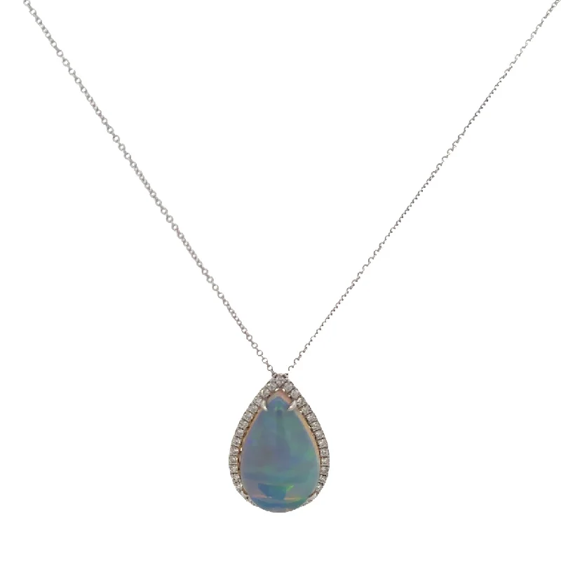 Custom necklace for women-Ethiopian Jelly Opal and Diamond Pendant in White Gold