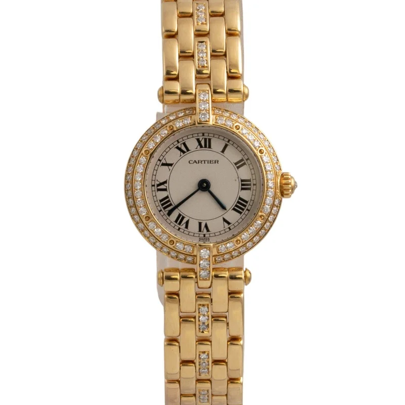 Leather band wristwatches-Cartier Panthere Vendome 2275 18k Yellow Gold Diamond White Roman Watch 24mm