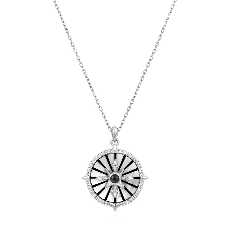 Boho necklace for women-Sterling Silver Mother of Pearl, Black Agate and Enamel Astrolabe Necklace by Ania Haie