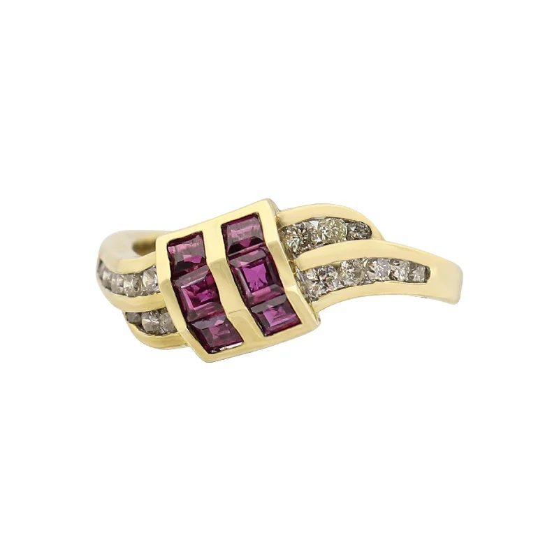 Gold engagement rings for women-9 kt Yellow Gold Ruby and Diamond Swirl Buckle Ring