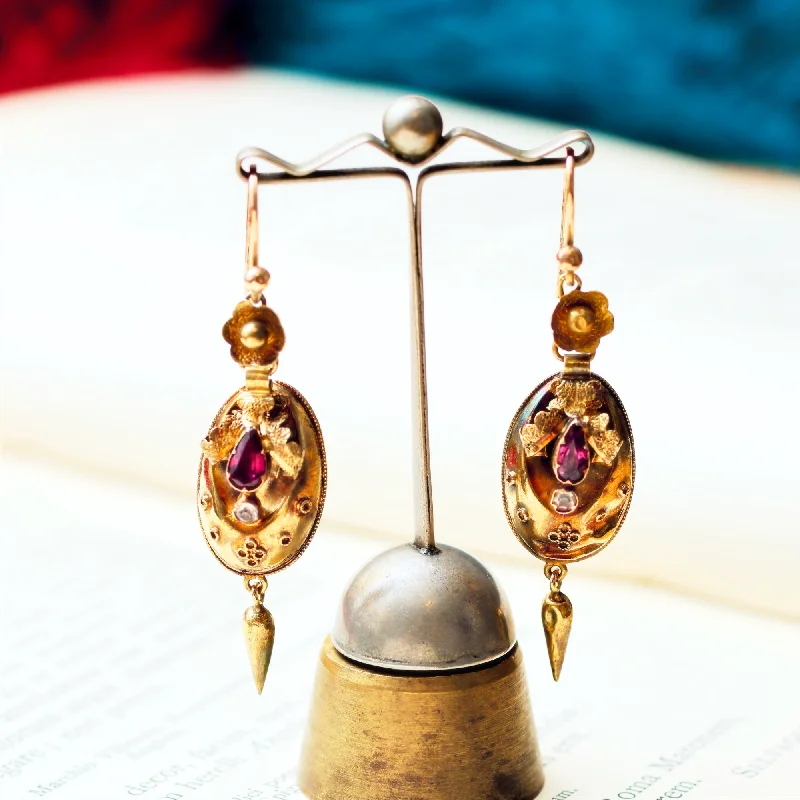 White gold earrings for women-Antique Victorian Garnet & Chrysoberyl Earrings