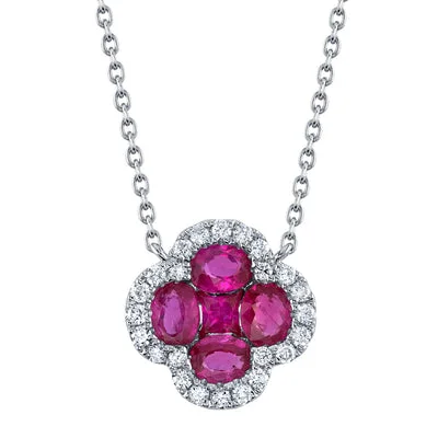 Simple gemstone necklace for women-14K White Gold 1.05ctw Ruby & Diamond Halo Clover Necklace by Shy Creation