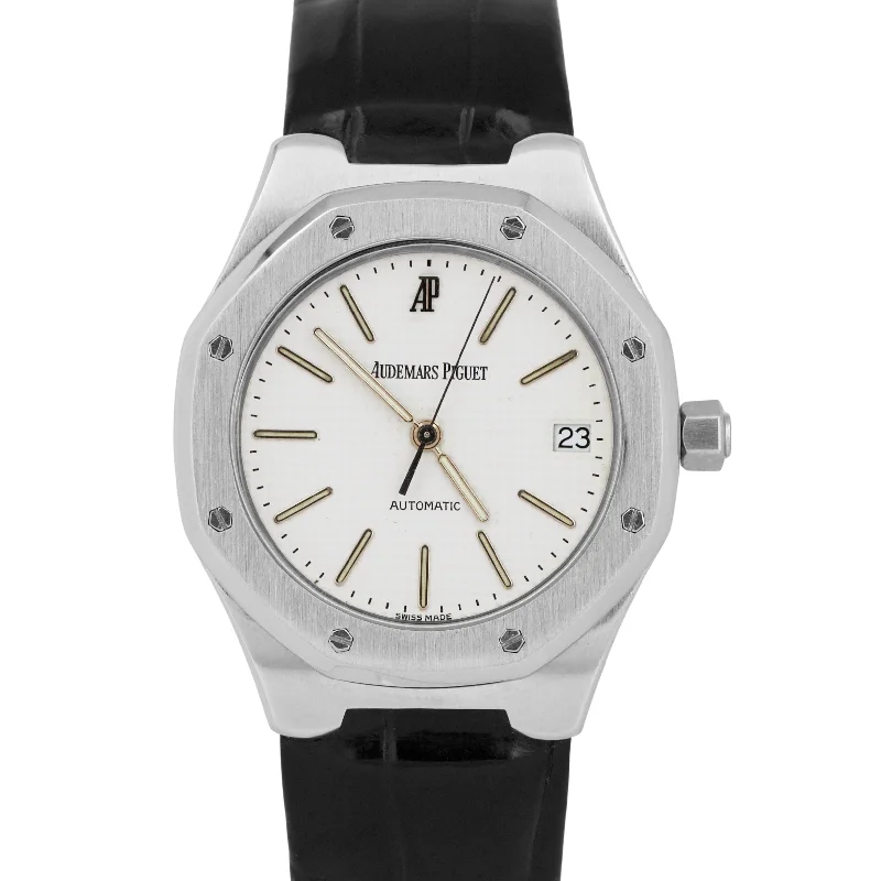 Wristwatches with date function-Audemars Piguet Royal Oak White Black Leather 36mm Automatic Date Watch 14800ST